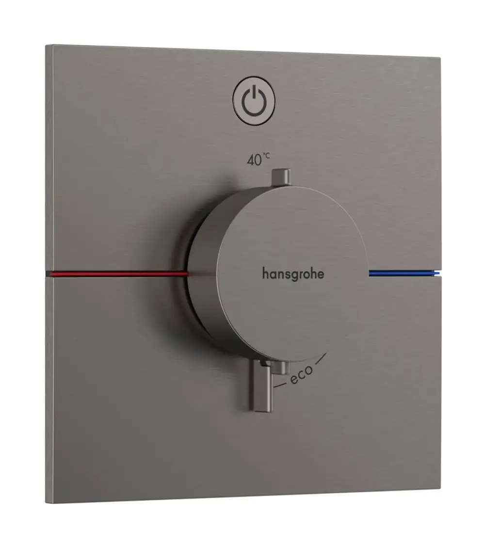 Thermostat zur Steuerung der Wassertemperatur, mit einem runden Drehknopf. Auf der Oberseite ist ein Ein-/Ausschalter. Hansgrohe-Logo auf der Vorderseite sichtbar.